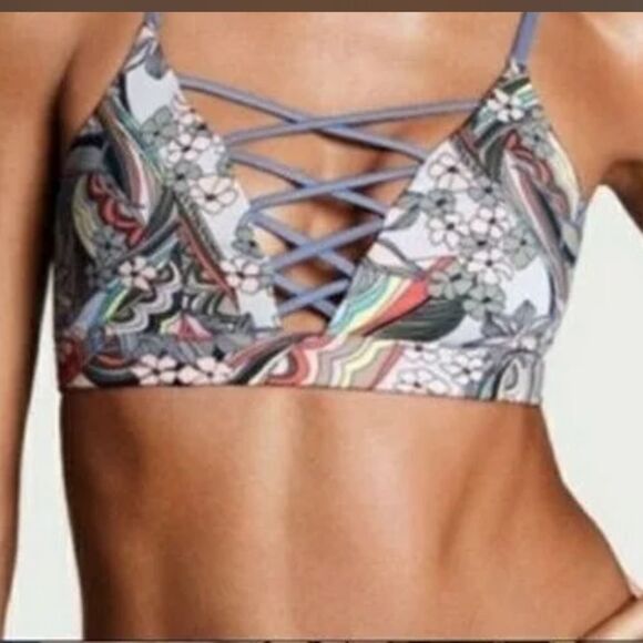 Victoria's Secret Sport Strappy Floral Sports Bra Small Blue Multicolor - Picture 2 of 10
